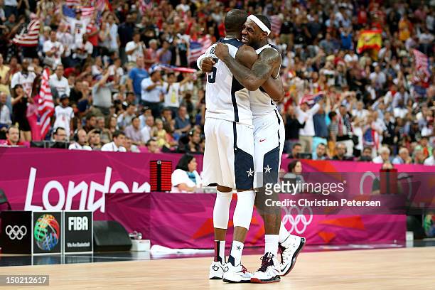 Kevin Durant of the United States and team mate LeBron James of the United States celebrate in the Men's Basketball gold medal game between the...