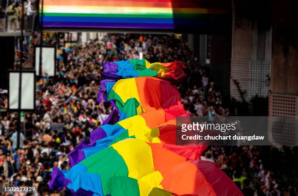 people celebrating pride month and parade-people marching with the rainbow lgbtq flag - the love parade stock pictures, royalty-free photos & images