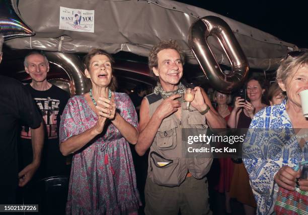 Frigide Bardot and Basile de Koch attend Frigide Bardot 60th Birthday and Jalons 40th Anniversary P)arty on Peniche de Nathalie on June 25, 2023 in...