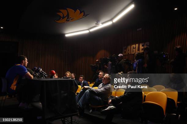 Luke Shuey addresses the media during a West Coast Eagles AFL media opportunity at Mineral Resources Park on June 26, 2023 in Perth, Australia.