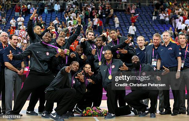 Gold medallists the United States pose following the medal ceremony for the Men's Basketball on Day 16 of the London 2012 Olympics Games at North...