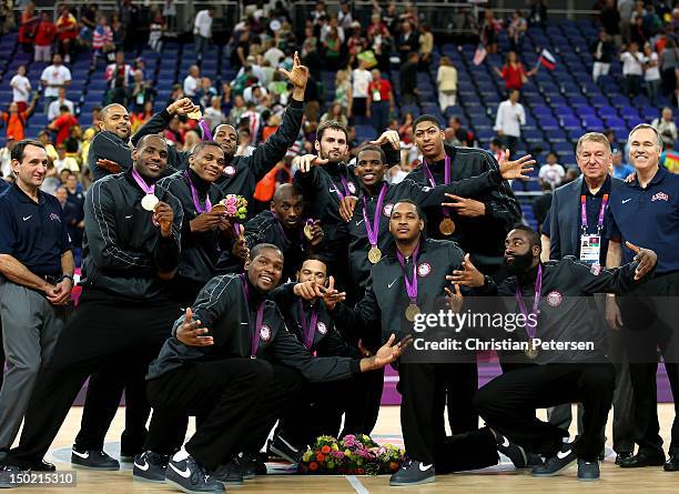 Gold medallists the United States pose following the medal ceremony for the Men's Basketball on Day 16 of the London 2012 Olympics Games at North...