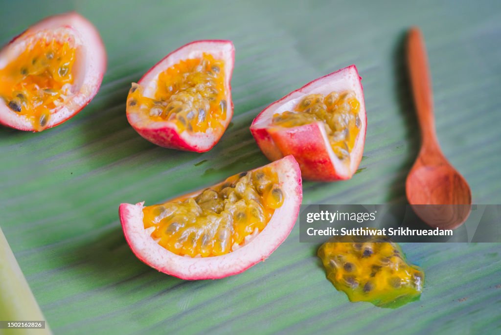 Close-up Of Passion Fruit On Banana Leaf