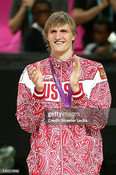 Bronze medallist Andrei Kirilenko poses on the podium during the medal ceremony for the Men's Basketball on Day 16 of the London 2012 Olympics Games...