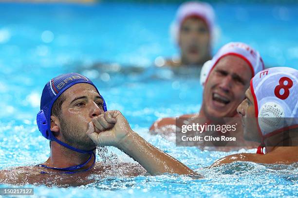 Vanja Udovicic of Serbia celebrates winning the bronze during the Men's Bronze Medal Match between Montenegro and Serbia on Day 16 of the London 2012...