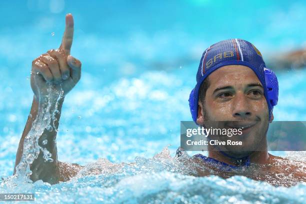 Vanja Udovicic of Serbia celebrates winning the bronze during the Men's Bronze Medal Match between Montenegro and Serbia on Day 16 of the London 2012...