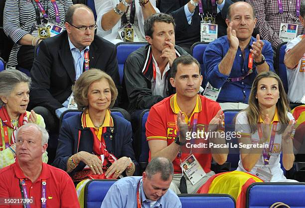 Prince Albert II of Monaco and Crown Prince Frederik of Denmark sit behind Princess Irene of Greece, Queen Sofia of Spain, Prince Felipe of Spain and...