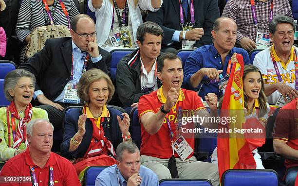 Prince Albert II of Monaco and Crown Prince Frederik of Denmark sit behind Princess Irene of Greece, Queen Sofia of Spain, Prince Felipe of Spain and...