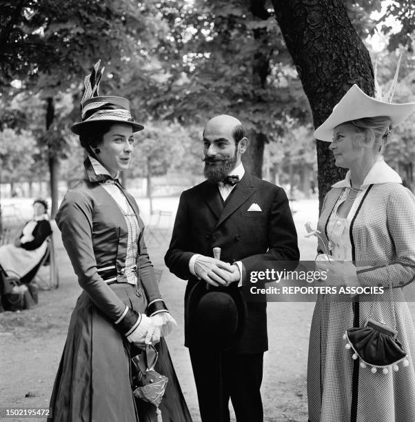 Juliette Mayniel with Charles Denner and Michele Morgan on Set of Movie Landru at Jardin du Luxembourg, Paris, 1962.