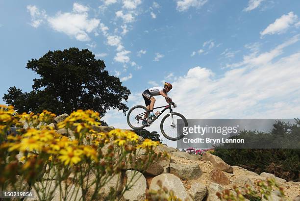 Moritz Milantz of Germany in action during the Men's Mountain Bike race on Day 16 of the 2012 Olympic Games at Hadleigh Farm on August 12, 2012 in...