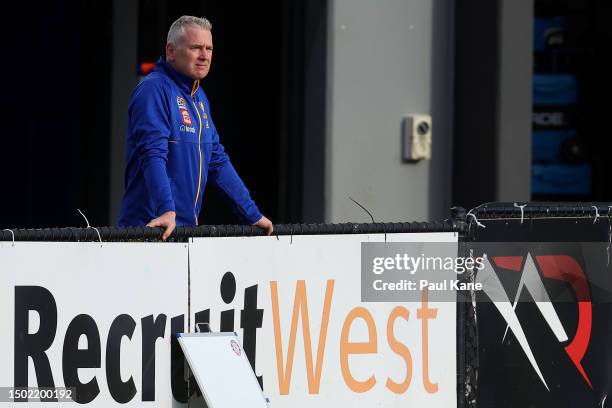 Adam Simpson, head coach of the Eagles looks on during a West Coast Eagles AFL training session at Mineral Resources Park on June 26, 2023 in Perth,...