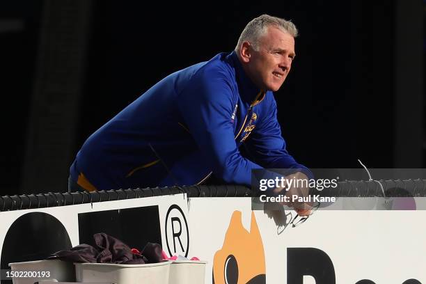 Adam Simpson, head coach of the Eagles looks on during a West Coast Eagles AFL training session at Mineral Resources Park on June 26, 2023 in Perth,...