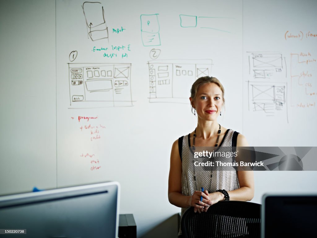 Businesswoman in front of white board in office