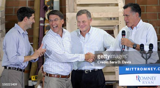 Charlotte Mayor Pat McCrory laughs as he shakes hands with Republican presidential candidate, former Massachusetts Gov. Mitt Romney , while...