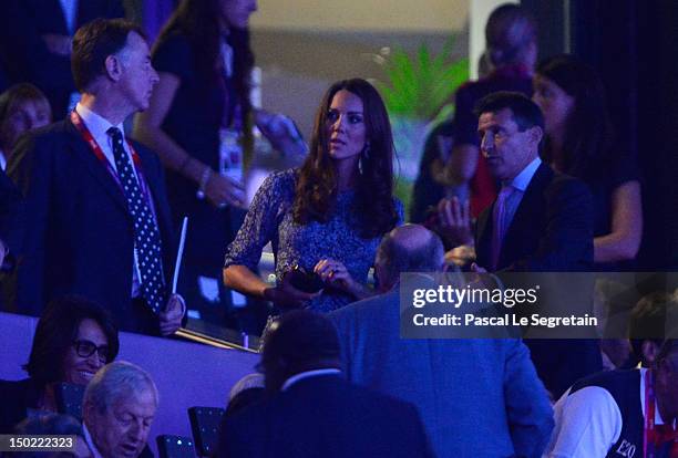 Catherine, Duchess of Cambridge and LOCOG chairman Lord Sebastian Coe attend the Closing Ceremony on Day 16 of the London 2012 Olympic Games at...