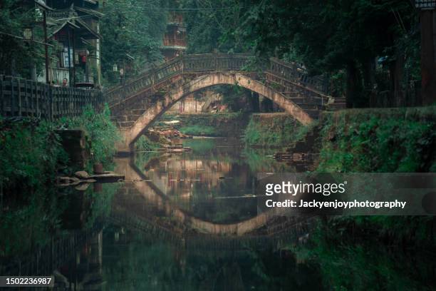 old chinese style bridge with stone arch in china . sichuan province . - leshan - fotografias e filmes do acervo