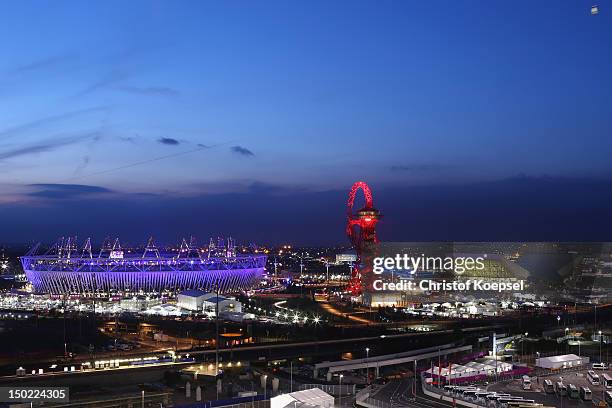 General view of the Olympic Stadium, the Orbit and the Aquatic centre during the closing ceremony of the 2012 London Olympic Games on August 12, 2012...