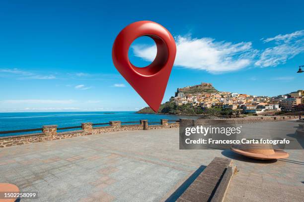 castelsardo sardinia italy with a big location map pin - pin stock pictures, royalty-free photos & images
