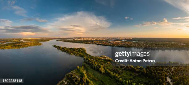 aerial view of the dnipro river near kyiv in summer - dnieper river stock pictures, royalty-free photos & images