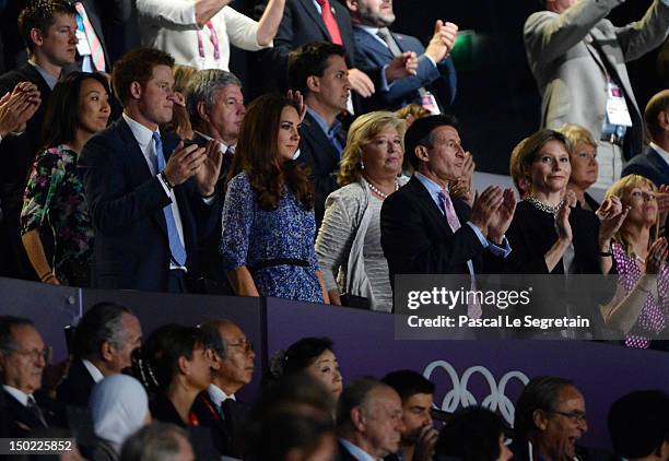 Prince Harry, Catherine, Duchess of Cambridge, LOCOG chairman Lord Sebastian Coe and Carole Annett attend the Closing Ceremony on Day 16 of the...