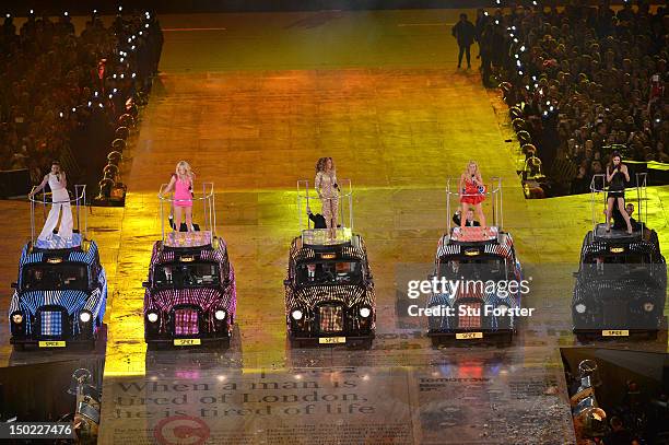 Melanie Chisholm, Emma Bunton, Melanie Brown, Geri Halliwell and Victoria Beckham of The Spice Girls perform during the Closing Ceremony on Day 16 of...