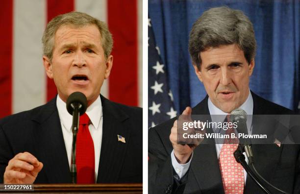 In this composite image a comparison has been made between former US Presidential Candidates George W. Bush and John Kerry. In 2004 George W. Bush...