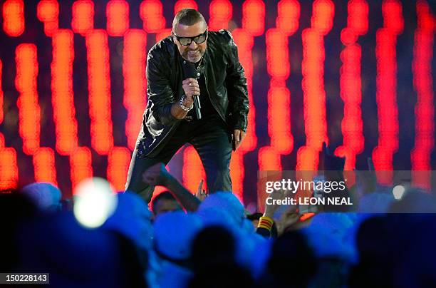 British singer George Michael performs during the closing ceremony of the 2012 London Olympic Games at the Olympic stadium in London on August 12,...