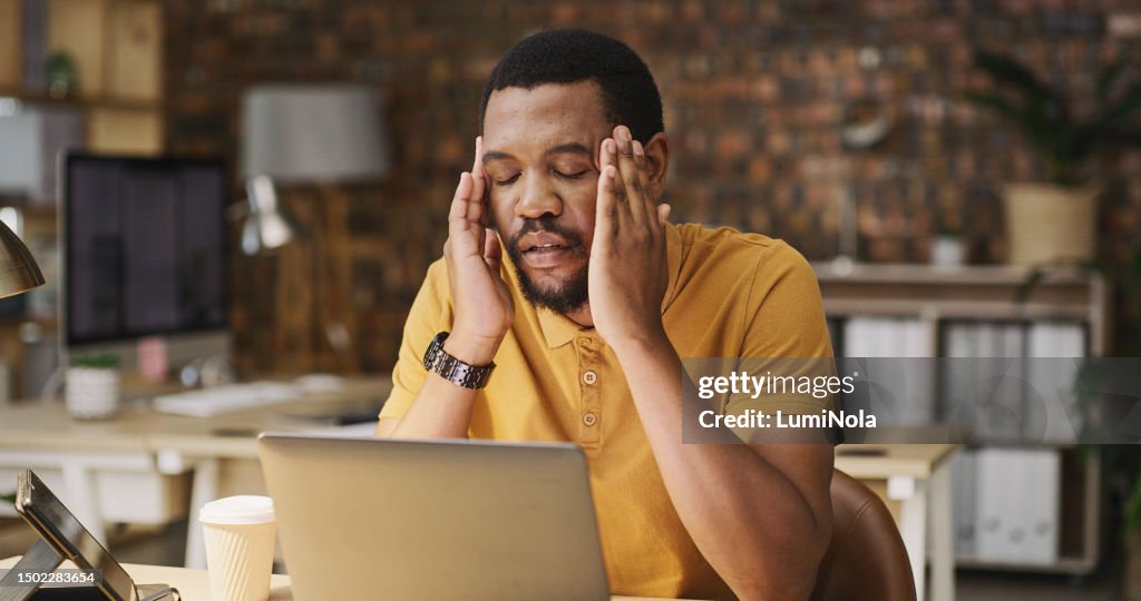 Headache, stress and black man with laptop at night with anxiety, pc glitch or deadline fail. Burnout, tired and frustrated African writer with a migraine from working late on a project on a computer