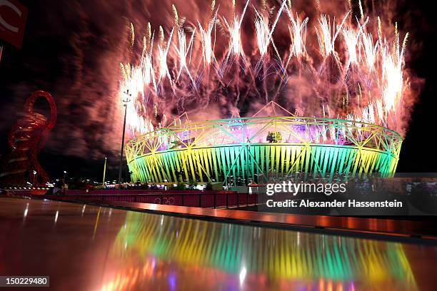 General view of the stadium and Olympic park during the Closing Ceremony on Day 16 of the London 2012 Olympic Games at Olympic Stadium on August 12,...