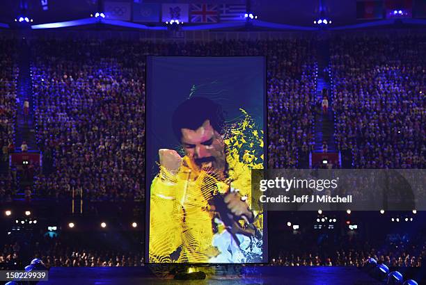 The late Freddie Mercury is displayed on screen during the Closing Ceremony on Day 16 of the London 2012 Olympic Games at Olympic Stadium on August...