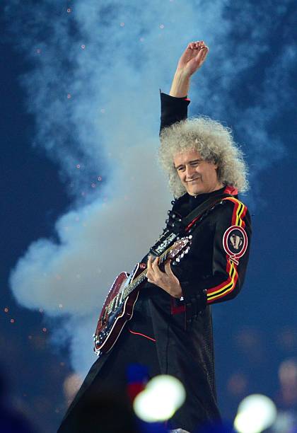 Queen's guitar player Brian May performs during the closing ceremony of the 2012 London Olympic Games at the Olympic stadium in London on August 12,...