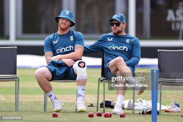 Ben Stokes of England and Brendon McCullum, England Coach look on during an England Training Session at Lord's Cricket Ground on June 26, 2023 in...