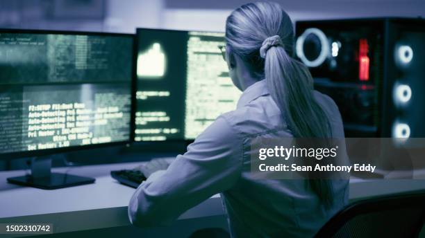 woman, information technology and computer, programming and code with server and system upgrade. software development, coding and female programmer, cybersecurity and database with data and cyber - web programmer stock pictures, royalty-free photos & images