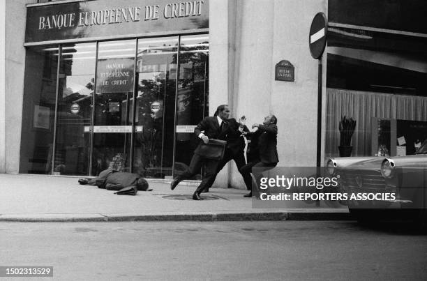 Shooting Of A Hold Up Scene Of Movie Le Temps Des Loups - The Heist - With Marcel Bozzuffi, Paris, August 1969.