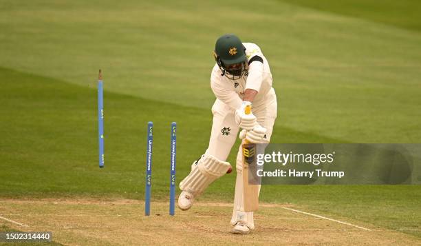 Brett Hutton of Nottinghamshire is bowled by Matt Henry of Somerset during Day Two of the LV= Insurance County Championship Division 1 match between...
