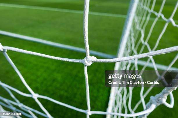 Generic image of a professional soccer goal mouth showing the netting and goal mouth white line at Tallaght Stadium on June 22nd in Dublin, Ireland.