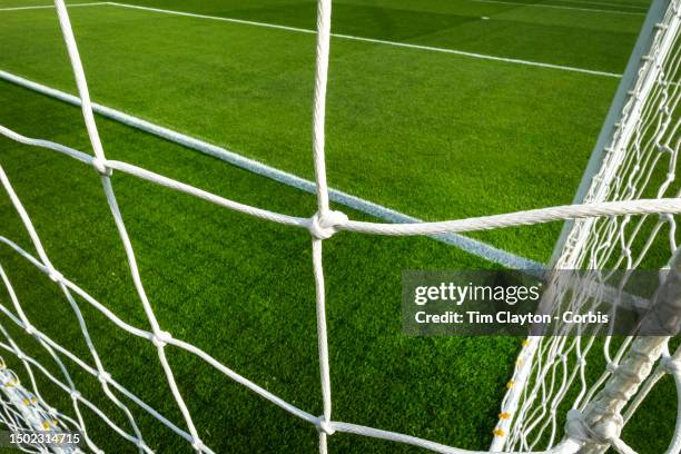 Generic image of a professional soccer goal mouth showing the netting and goal mouth white line at Tallaght Stadium on June 22nd in Dublin, Ireland.