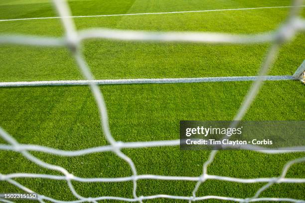 Generic image of a professional soccer goal mouth showing the netting and goal mouth white line at Tallaght Stadium on June 22nd in Dublin, Ireland.