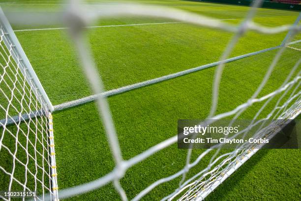 Generic image of a professional soccer goal mouth showing the netting and goal mouth white line at Tallaght Stadium on June 22nd in Dublin, Ireland.