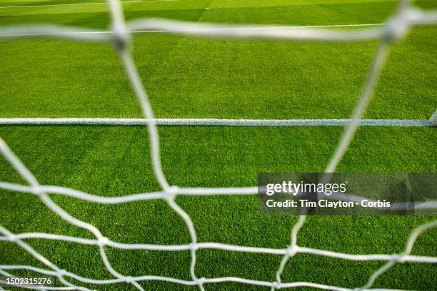 Generic image of a professional soccer goal mouth showing the netting and goal mouth white line at Tallaght Stadium on June 22nd in Dublin, Ireland.