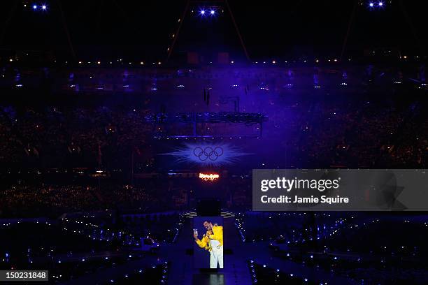 Film collage of Freddie Mercury is projected during the Closing Ceremony on Day 16 of the London 2012 Olympic Games at Olympic Stadium on August 12,...