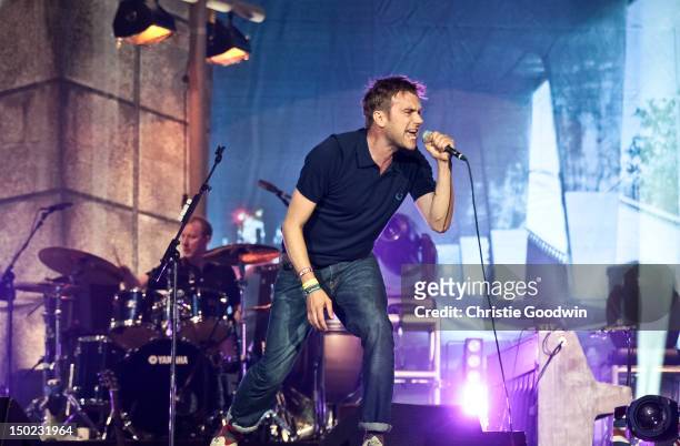 Damon Albarn of Blur performs on stage during the BT London Live closing ceremony concert at Hyde Park on August 12, 2012 in London, United Kingdom.