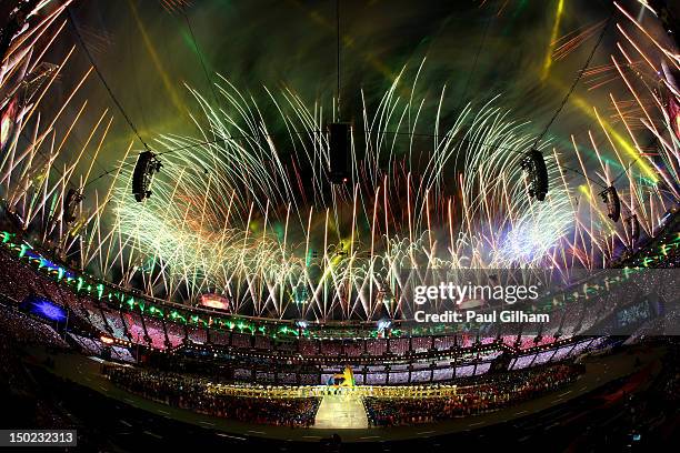 Fireworks expload during the Closing Ceremony on Day 16 of the London 2012 Olympic Games at Olympic Stadium on August 12, 2012 in London, England.