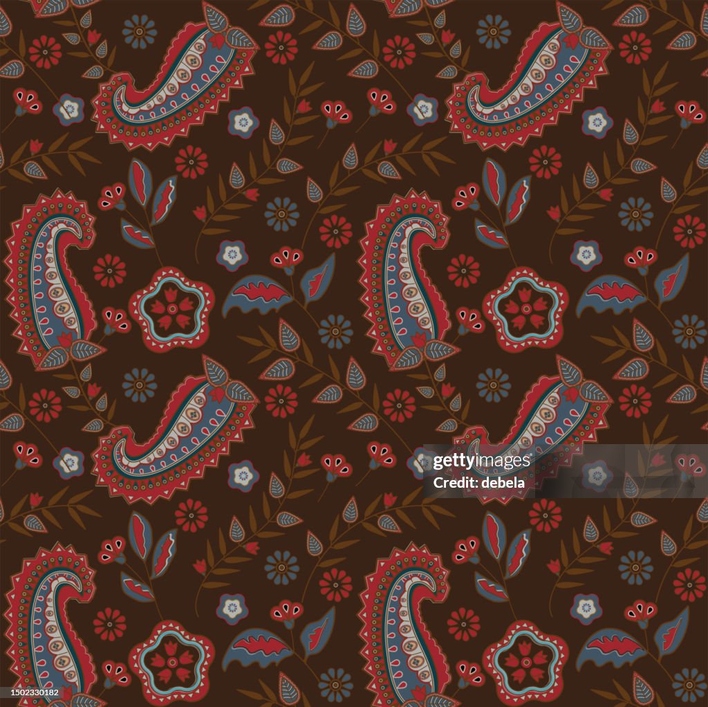 Arabic floral paisley pattern. Brown and red seamless background design.