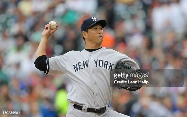 Hiroki Kuroda of the New York Yankees pitches during the game against the Detroit Tigers at Comerica Park on August 9, 2012 in Detroit, Michigan. The...