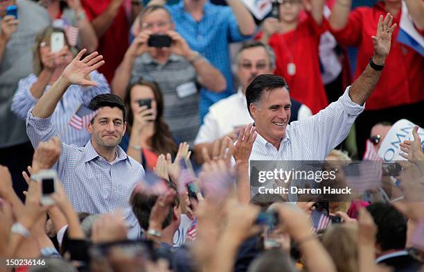 Republican presidential candidate and former Massachusetts Gov. Mitt Romney and vice presidential candidate and Wisconsin native Rep. Paul Ryan greet...
