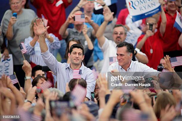 Republican presidential candidate and former Massachusetts Gov. Mitt Romney and vice presidential candidate and Wisconsin native Rep. Paul Ryan greet...