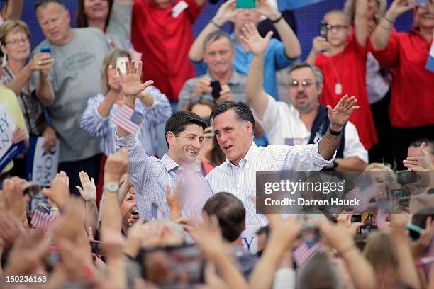 Republican presidential candidate and former Massachusetts Gov. Mitt Romney and vice presidential candidate and Wisconsin native Rep. Paul Ryan greet...