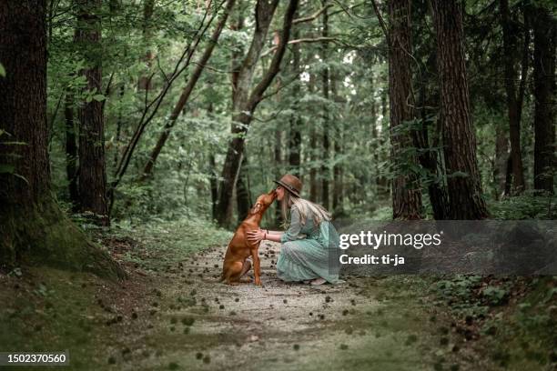 young woman and hungarian vizsla dog in the woods - vizsla stockfoto's en -beelden