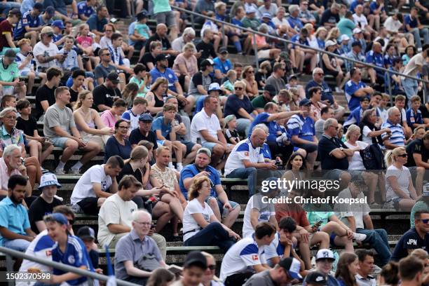 Fans of Schalke watch a training session at Parkstadion on June 26, 2023 in Gelsenkirchen, Germany. FC Schalke 04 returned to training after they...